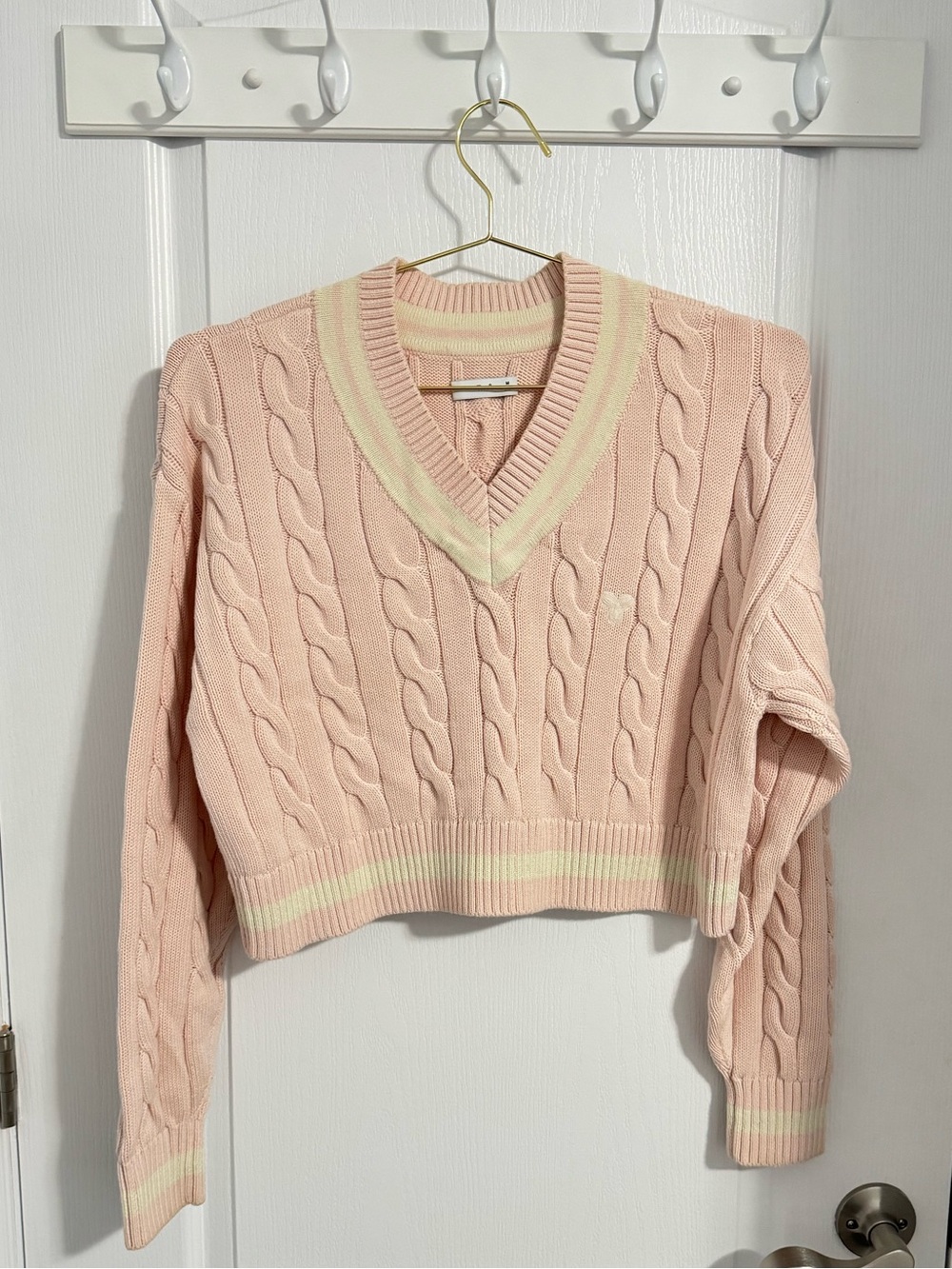 TNA Pale Pink Cable Knit V-Neck Sweater with Cream Trim
